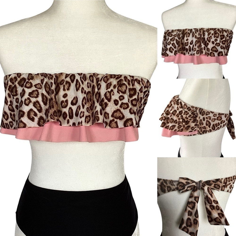 Juicy Couture Bandeau Beach Top Leopard Animal Print Ruffles Women's Size L New